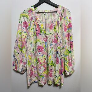 Crown & Ivy Top Womens Plus XL Pink White Floral Print V Neck Peasant Blouse